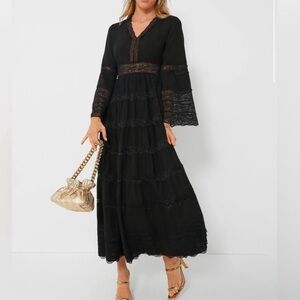Tuckernuck Hyacinth House Womens Black Lace Lydia Maxi Tiered Long Dress, XS